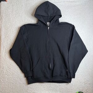Y2K Russell Athletic Mens Black Zip Up Hoodie Sweatshirt Blank boxy Large